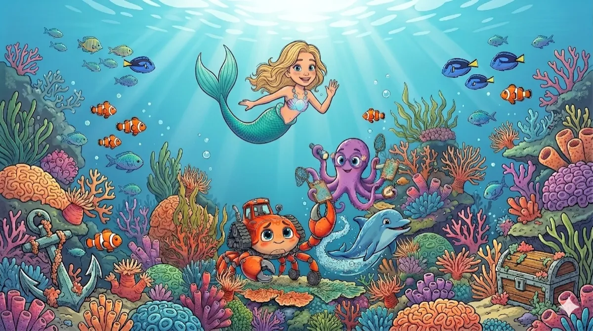 Cenário colorido do fundo do mar com a Equipe Coral entre recifes de coral, peixes tropicais e um baú do tesouro