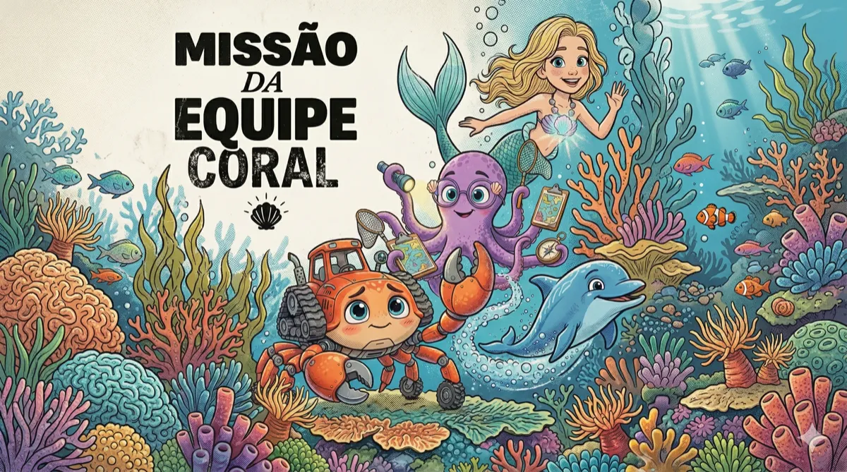 Equipe Coral - Gabi a sereia, Zíper o golfinho, Oto o polvo e Kiko o caranguejo mecânico em uma aventura no fundo do mar