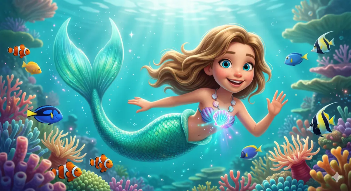 Gabi - Sereia líder da Equipe Coral com sua concha mágica brilhante, nadando entre corais coloridos