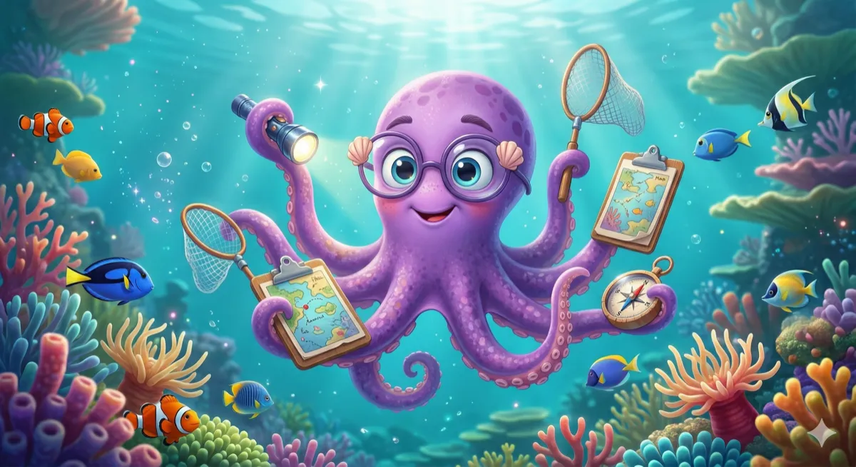 Oto - Polvo roxo inteligente com óculos, segurando mapas, lanterna e bússola