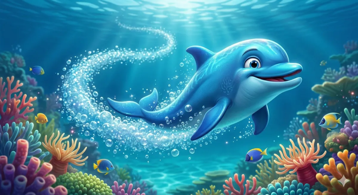 Ziper - Golfinho azul superveloz da Equipe Coral deixando um rastro de bolhas